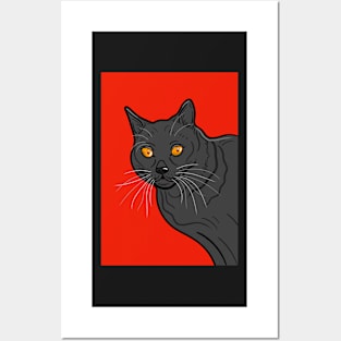 Black Cat Portrait ( Red Background ) Posters and Art